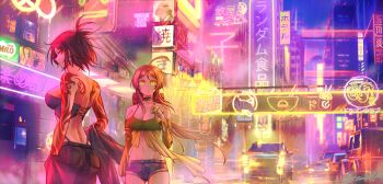 2girls absurdres arm_tattoo back_tattoo blue_shorts breasts brown_hair camisole car city cleavage commentary commission detached_sleeves fingerless_gloves gloves green_camisole green_gloves half_gloves hand_in_pocket highleg highleg_panties highres hip_bones holding holding_jacket holding_unworn_clothes jacket large_breasts midriff milo_(drink) motor_vehicle multiple_girls navel orange_eyes orange_hair original panties road senukin short_shorts shorts shoulder_tattoo signature sports_utility_vehicle tattoo underwear unworn_jacket yellow_eyes