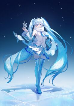1girl aqua_eyes blue_eyes blue_scarf boots breasts commentary_request detached_sleeves full_body gradient_hair hair_between_eyes hair_ornament happy hatsune_miku highres long_hair long_sleeves looking_at_viewer medium_breasts multicolored_hair official_alternate_costume open_mouth pleated_skirt scarf shirt skirt sleeveless sleeveless_shirt smile snowflake_print snowflakes solo thick_thighs thigh_boots thighhighs thighs twintails very_long_hair vocaloid walking white_hair white_scarf white_shirt white_skirt yuki_miku yuki_miku_(2011) yuzuha_wasa zettai_ryouiki