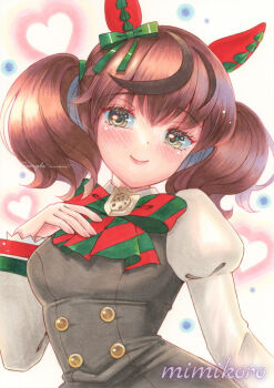 Rule 34 | 1girl, absurdres, animal ears, black dress, blush, bow, bowtie, breasts, brown eyes, brown hair, closed mouth, diagonal-striped bow, dress, ear bow, ear covers, ear ribbon, green bow, green bowtie, heart, highres, horse ears, horse girl, juliet sleeves, long sleeves, looking at viewer, marker (medium), medium hair, mimikuro, multicolored hair, nice nature (poinsettia ribbon) (umamusume), nice nature (umamusume), pinafore dress, puffy sleeves, sleeveless, sleeveless dress, smile, solo, streaked hair, striped bow, striped bowtie, striped clothes, traditional media, twintails, umamusume, upper body