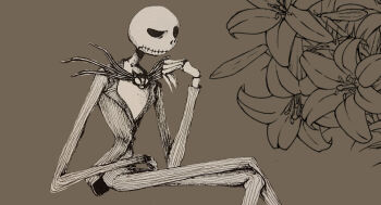 1boy commentary_request flower formal_clothes graphite_(medium) ichigo-daifuku1993kana jack_skellington jacket long_sleeves looking_at_viewer male_focus pinstripe_pattern pinstripe_suit pinstripe_vest skeleton striped_clothes suit tagme the_nightmare_before_christmas traditional_media vest