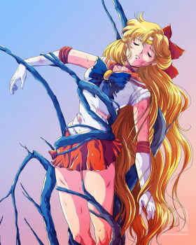 1girl aino_minako bishoujo_senshi_sailor_moon blonde_hair bow breasts closed_eyes death gloves long_hair magical_girl miniskirt red_bow sailor_venus saotome_nanda skirt teeth torn_clothes very_long_hair