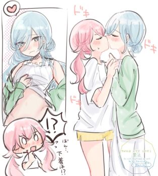 2girls blue_eyes blue_hair blush closed_eyes clothes_lift commentary_request fang green_shirt hair_bun heart highres hinomori_shizuku holding_hands kiss long_hair mole mole_under_mouth momoi_airi multiple_girls omnk_kng open_mouth project_sekai shirt shirt_lift short_sleeves shorts spoken_heart twintails white_shirt yellow_shorts yuri