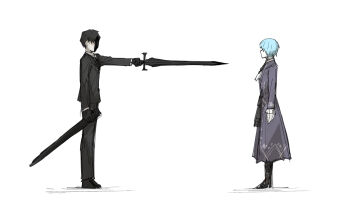 1boy 1girl angela_(project_moon) ascot black_ascot black_gloves black_hair black_mask black_pants black_shoes black_skirt black_suit blue_coat blue_hair coat commentary_request formal_clothes frilled_coat frills from_side gloves holding holding_sheath kankan33333 library_of_ruina mask pants pointing_melee_weapon project_moon roland_(project_moon) sheath shirt shoes short_hair skirt suit white_ascot white_background white_shirt