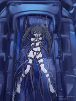 1girl absurdres arms_behind_back asymmetrical_hair bdsm black_hair black_rock_shooter black_rock_shooter_(character) blue_eyes bondage bound bound_ankles bound_arms breasts chain cuffs full_body harness highres looking_at_viewer nero_augustus oxygen_mask pale_skin shackles small_breasts solo stasis_tank tube twintails uneven_twintails