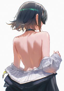 1girl absurdres arknights arknights:_endfield back back_focus bare_back black_choker black_coat black_hair choker coat commentary endministrator_(arknights) english_commentary eye_mask female_endministrator_(arknights) from_behind grey_sweater highres mask partially_undressed short_hair simple_background solo sweat sweater topless_female uof upper_body white_background