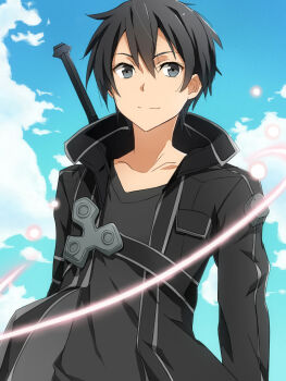 Rule 34 | 10s, 1boy, bad id, bad pixiv id, black eyes, black hair, coat, gradient background, kirito, male focus, outdoors, shiomiya (moshimoshi102), short hair, sky, smile, solo, sword, sword art online, weapon