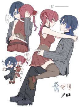 Rule 34 | 2girls, arms around neck, bare arms, black pants, black thighhighs, blue eyes, blue hair, breasts, colored inner hair, commentary request, eye contact, grey jacket, highres, hiodoshi ao, hololive, hololive dev is, houshou marine, jacket, looking at another, mochi jiro, mole, mole under mouth, multicolored hair, multiple girls, open mouth, pants, red hair, red shirt, red skirt, shirt, simple background, sitting, sitting on lap, sitting on person, skirt, smile, speech bubble, striped clothes, striped jacket, thighhighs, thought bubble, translation request, twintails, virtual youtuber, white background, wolf cut, yuri