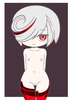 1girl 2022 20s arms_behind_back artificial_intelligence bare_hips bare_shoulders blush_stickers cleft_of_venus collarbone completely_nude female_focus hair_over_one_eye highres loli looking_at_viewer maruro navel nipples nude one_eye_covered pale_skin pussy red_eyes sage_(sonic) short_hair solo sonic_(series) sonic_frontiers standing stomach white_hair