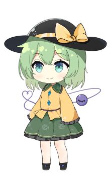 1girl absurdres arms_at_sides black_hat black_shoes blush bow buttons chibi chibi_only closed_mouth commentary_request diamond_button double-parted_bangs floral_print floral_print_skirt frilled_shirt_collar frilled_skirt frilled_sleeves frills full_body green_eyes green_hair green_skirt hair_between_eyes hat hat_bow heart heart_of_string highres komeiji_koishi looking_to_the_side medium_hair print_skirt rose_print shirt shoes simple_background skirt sleeves_past_fingers sleeves_past_wrists smile solo split_mouth standing sun_hat tareme third_eye tlslime touhou white_background wide_sleeves yellow_bow yellow_shirt