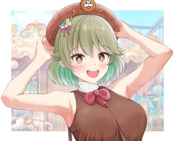 1girl absurdres amusement_park aqua_hair armpits arms_up between_breasts border bow bowtie breasts brown_dress brown_hat colored_inner_hair commentary_request dragon_musume_ni_naritakunai! dress duel_masters green_hair hair_bow hair_ornament hands_on_headwear hat highres koorizatou82 large_breasts looking_at_viewer medium_hair multicolored_hair nagareboshi_asche open_clothes outside_border red_bow red_bowtie sleeveless sleeveless_dress solo strap_between_breasts teeth upper_body upper_teeth_only white_border yellow_background