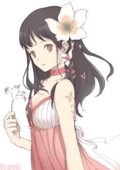 bad_id bad_pixiv_id bindi black_hair brown_eyes choker dress flower from_side hair_flower hair_ornament moai_(aoh) original pink_eyes shoulder_tattoo simple_background solo tattoo white_background