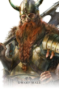 1boy armor axe beard braid braided_beard chainmail dwarf facial_hair fantasy hage2013 helmet highres horns lineage long_hair male_focus manly original red_hair solo weapon