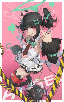 Rule 34 | 1girl, absurdres, angel wings, anger vein, black hair, black nails, blackxyfaf, chinese commentary, commentary request, food, food art, halo, highres, microphone, middle finger, multicolored hair, platform shoes, red eyes, rokudu sariel, solo, tako-san wiener, thighhighs, two-tone hair, wings, zenless zone zero