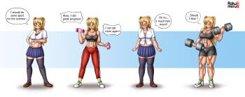 Rule 34 | 1girl, absurdres, before and after, blonde hair, blush, dumbbell, dumbbell nan kilo moteru?, embarrassed, english text, fang, green eyes, highres, lifting own clothes, long hair, muscle growth, muscular, muscular female, rokumaruart, sakura hibiki, smile, speech bubble, twintails, weight gain