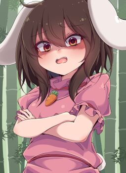 1girl animal_ears bamboo bamboo_forest blush brown_hair carrot_necklace commentary_request crossed_arms dress floppy_ears forest highres inaba_tewi jewelry long_hair nature necklace open_mouth pink_dress puffy_short_sleeves puffy_sleeves rabbit_ears rabbit_girl short_sleeves siw0n textless_version touhou