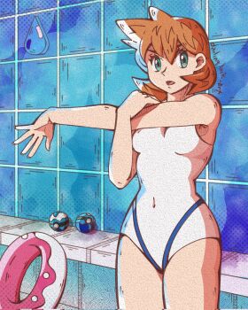 1girl artist_name bare_arms breasts brown_hair competition_swimsuit covered_navel cowboy_shot darlingjack green_eyes hair_between_eyes innertube looking_at_viewer misty_(pokemon) nintendo one-piece_swimsuit open_mouth orange_hair poke_ball poke_ball_(basic) pokemon pokemon_hgss pool short_hair solo standing stretching swim_ring swimsuit tile_wall tiles water white_one-piece_swimsuit