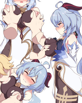 1boy 1girl aether_(genshin_impact) ahoge bare_shoulders bell black_gloves blue_hair blush bodystocking bodysuit breast_sucking breasts brown_bodysuit brown_leotard chinese_knot closed_eyes cowbell detached_sleeves flower_knot ganyu_(genshin_impact) genshin_impact gloves goat_horns gold_trim grabbing_another&#039;s_breast groping hands_up hetero highres horns kumasteam lactation large_breasts leotard leotard_under_clothes long_hair low_ponytail nipple_stimulation nipple_tweak nipples open_mouth pantyhose ponytail purple_eyes simple_background solo_focus standing tassel torn_bodystocking torn_clothes trembling white_background