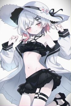 Rule 34 | 1girl, absurdres, amiamzk827, armpits, bikini, bikini skirt, black bikini, closed mouth, commentary, frilled bikini, frills, groin, half-closed eyes, hat, highres, jacket, looking at viewer, mahou shoujo no majo saiban, navel, platform sandals, sakuraba ema, sandals, smile, solo, stomach, swimsuit, thigh strap, untranslatable commentary, white background, white hair, white jacket