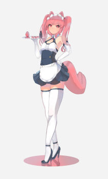 1girl anal_beads animal_ears ankle_strap butt_plug ehrrr elbow_gloves female_focus full_body glint gloves hand_on_own_hip high_heels highres large_tail looking_at_viewer maid maid_headdress original pink_eyes pink_hair plug reflective_floor sex_toy skindentation smile solo squirrel_ears squirrel_tail tail thighhighs twintails v-shaped_eyebrows white_gloves white_thighhighs