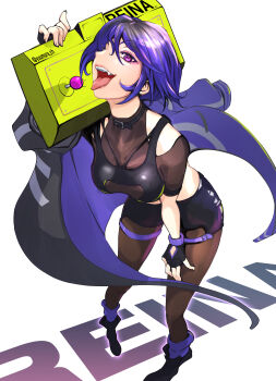 1girl absurdres arcade_stick bent_over black_gloves black_hair black_jacket black_pantyhose black_shorts breasts character_name commentary controller english_commentary fingerless_gloves full_body game_controller gloves highres holding jacket joystick mixed-language_commentary multicolored_hair multicolored_jacket open_mouth pantyhose pantyhose_under_shorts purple_eyes purple_hair purple_jacket reina_(tekken) short_hair shorts solo standing streaked_hair tekken tekken_8 tongue tongue_out two-tone_hair yuumura_ch
