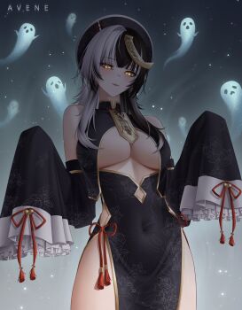 1girl alternate_costume avene_chan black_dress blunt_bangs breasts china_dress chinese_clothes cleavage_cutout clothing_cutout commentary detached_sleeves dress floral_print floral_print_dress frilled_sleeves frills ghost gold_trim grey_hair hashtag-only_commentary highres hololive hololive_english jiangshi_costume large_breasts light_smile long_hair long_sleeves looking_at_viewer multicolored_hair ofuda ofuda_on_head pelvic_curtain print_dress shiori_novella side_slit sleeveless sleeveless_dress sleeves_past_fingers sleeves_past_wrists solo split-color_hair virtual_youtuber wide_sleeves yellow_eyes