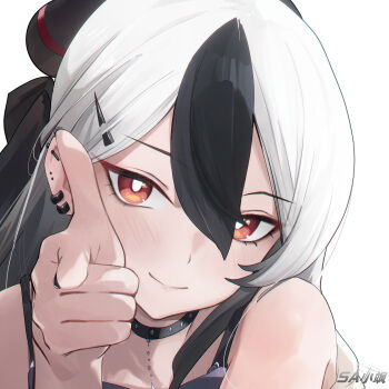 1girl absurdres artist_logo black_choker black_eyeliner black_hair black_horns black_nails blue_archive bright_pupils choker close-up closed_mouth commentary diamond_necklace ear_piercing eyelashes eyeliner finger_gun hair_between_eyes hair_ornament hairclip highres horns kayoko_(blue_archive) kayoko_(dress)_(blue_archive) light_blush logo long_hair looking_at_viewer makeup multicolored_hair nail_polish official_alternate_costume piercing pointing pointing_at_viewer red_eyes simple_background smile solo studded_choker two-tone_hair white_background white_hair white_pupils xiao_sa_(hayatekkk)