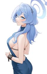 Rule 34 | 1girl, ako (blue archive), ako (dress) (blue archive), ass, backless dress, backless outfit, bare arms, bare back, bare shoulders, blue archive, blue dress, blue eyes, blue hair, blush, breasts, chain, commentary request, cowboy shot, cuffs, dress, grin, halo, highres, kuen (kuennn12), large breasts, long hair, looking at viewer, official alternate costume, parted lips, shackles, sideboob, simple background, sleeveless, sleeveless dress, smile, solo, standing, white background