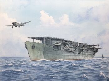 aircraft aircraft_carrier airplane atelier_bono b5n blue_sky bomber cloud commentary_request highres imperial_japanese_navy military_vehicle no_humans ocean original painting_(medium) sailing shin&#039;you_(aircraft_carrier) ship sky takeoff traditional_media warship watercolor_(medium) watercraft waves world_war_ii