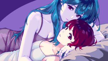 2girls android blue_hair breasts cleavage dorothy_haze highres kira_miki long_hair looking_at_viewer multiple_girls on_bed pillow red_eyes red_hair short_hair va-11_hall-a white_singlet wmmzkl