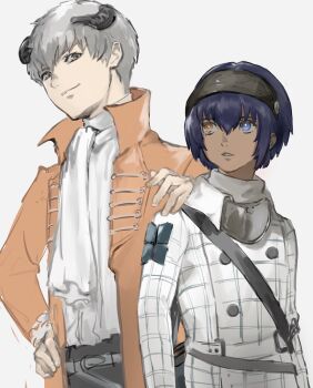 Rule 34 | 2boys, ascot, belt, black belt, black pants, blue hair, buttons, chest belt, closed mouth, coat, collared coat, collared shirt, commentary request, dark-skinned male, dark blue hair, dark skin, eye contact, frilled sleeves, frills, grey eyes, grey hair, hair between eyes, hairband, hand on another's shoulder, hand on own hip, heterochromia, highres, horns, long sleeves, looking at another, male focus, metal hairband, metaphor: refantazio, multiple belts, multiple boys, pants, parted lips, patterned clothing, popped collar, protagonist (metaphor: refantazio), samerkgk, shirt, short hair, simple background, smile, strohl (metaphor: refantazio), white ascot, white background, white belt, white shirt, wing collar, yellow coat