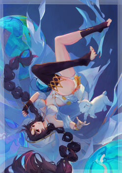 10_points_of_love 1girl absurdres asymmetrical_legwear baby_animal black_gloves black_hair black_thighhighs border bracelet braid breasts bridal_legwear chinese_commentary cleavage cloak commentary dress eve_(masterwork_apocalypse) eyelashes fingerless_gloves full_body gem gloves hexagram highres hood hooded_cloak jewelry lamb large_breasts long_hair looking_at_viewer masterwork_apocalypse mismatched_legwear o-ring_dress open_mouth outside_border parted_bangs red_eyes sheep single_fingerless_glove single_sock single_thighhigh socks solo star_of_david thighhighs toes twin_braids upside-down very_long_hair white_cloak white_dress