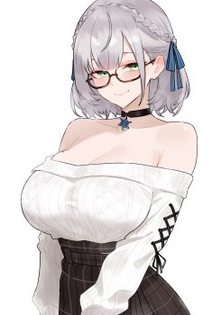 1girl absurdres bare_shoulders black_choker bluefield braid breasts brown_skirt choker cleavage closed_mouth commentary glasses green_eyes grey_hair half_up_braid half_updo high-waist_skirt highres hololive huge_breasts jewelry looking_at_viewer off-shoulder_sweater off_shoulder official_alternate_costume official_alternate_hairstyle parted_hair pendant plaid_clothes plaid_skirt ribbed_sweater semi-rimless_eyewear shirogane_noel shirogane_noel_(casual) short_hair simple_background skirt smile snowflake_pendant solo sweater sweater_tucked_in virtual_youtuber white_background white_sweater