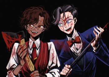 2boys alastor_(hazbin_hotel) alastor_(human)_(hazbin_hotel) axe black_background black_hair blood blood_drip blood_in_hair blood_on_clothes blood_on_face blood_on_hands bloody_weapon blue_eyes blue_jacket bow bowtie brown_hair collared_shirt commentary dark-skinned_male dark_skin eyewear_strap fangs glasses grey_hair hazbin_hotel hellaverse highres holding holding_axe holding_weapon jacket lapels long_sleeves male_focus multicolored_hair multiple_boys necktie notched_lapels open_mouth red_bow red_bowtie red_eyes red_necktie red_vest shirt short_hair simple_background smile streaked_hair striped_clothes striped_vest tawowo05 tie_clip traditional_bowtie two-tone_hair upper_body vertical-striped_clothes vertical-striped_vest vest vox_(hazbin_hotel) vox_(human)_(hazbin_hotel) weapon white_shirt wing_collar