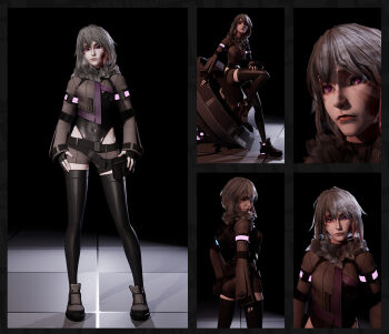 1girl 3d :| armlet ass barcode belt belt_pouch black_thighhighs breasts brown_jacket brown_shoes closed_mouth command_&amp;_conquer command_&amp;_conquer:_red_alert command_&amp;_conquer:_red_alert_2 commission from_behind from_side full_body fur-trimmed_jacket fur_trim hood hood_down jacket jewelry leaning_on_object leotard libra_(mental_omega) lordy_pop machine machinery mental_omega_(mod) multiple_views pale_skin pouch purple_eyes reference_sheet shoes short_shorts shorts small_breasts solo straight-on thighhighs upper_body white_hair