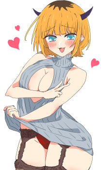 1girl :3 absurdres blonde_hair blue_eyes blush breasts cleavage commentary_request cowboy_shot fang garter_straps grey_sweater heart highres long_hair looking_at_viewer mem-cho multicolored_hair open_mouth oshi_no_ko panties red_panties roots_(hair) short_hair simple_background sleeveless sleeveless_sweater solo sweater underwear urishima virgin_killer_sweater white_background