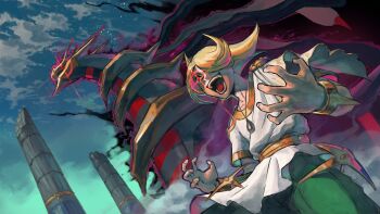 Rule 34 | 1boy, absurdres, belt, cowboy shot, gen 4 pokemon, giratina, glowing, glowing eye, gold belt, green pants, hair over one eye, highres, jewelry, kornart, legendary pokemon, male focus, nintendo, open mouth, pants, pendant, pokemon, pokemon (creature), pokemon legends: arceus, red eyes, shirt, volo (pokemon), white shirt