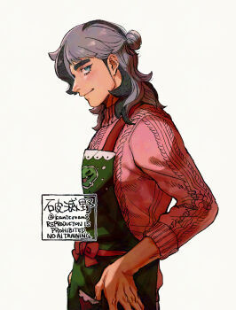 1boy alternate_color apron arven_(holiday_2025)_(pokemon) arven_(pokemon) blue_eyes bow brown_hair character_print commentary from_side green_apron hair_bun half_up_bun hand_on_own_hip highres kanicream8 long_hair long_sideburns looking_at_viewer looking_to_the_side male_focus multicolored_hair nintendo official_alternate_color pokemon pokemon_masters_ex pokemon_sv profile red_bow red_sweater scovillain sideburns signature smile sweater symbol-only_commentary thick_eyebrows turtleneck turtleneck_sweater two-tone_hair white_background
