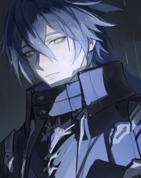 1boy black_coat closed_mouth coat collared_coat commentary crossed_bangs double-parted_bangs flins_(genshin_impact) genshin_impact grey_sky long_hair looking_to_the_side male_focus outdoors quasarus_catt rain sky solo upper_body yellow_eyes