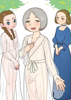 1boy 2girls absurdres blue_eyes blush braid braided_twintails breasts brown_eyes brown_hair censored choker dress dungeon_meshi feminine foreskin grey_hair highres multiple_girls nervous_sweating o__den robe small_breasts sweat testicles translucent trap yaad_(dungeon_meshi)