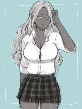 1girl aqua_background arm_at_side blue_eyes braid breasts button_gap cleavage colored_skin cowboy_shot curtained_hair dress_shirt elden_ring elden_ring_nightreign glasses grey_skin half_up_braid hand_in_own_hair highres jewelry large_breasts long_hair mole mole_on_breast necklace outside_border plaid_clothes plaid_skirt recluse_(elden_ring) shirt short_sleeves sidelocks_tied_back skirt sleeves_rolled_up smile solo standing white_hair yamanobori