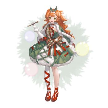 1girl :d alternate_costume braid braided_sidelock cape dress elbow_gloves full_body fur-trimmed_cape fur_trim gloves green_cape green_dress green_eyes hand_up highres holding holding_pen leg_ribbon looking_at_viewer medium_dress mmihpyy open_mouth pantyhose pen red_ribbon red_shoes reverse:1999 ribbon sash shoes shoulder_sash single_leg_pantyhose sleeveless sleeveless_dress smile solo sonetto_(reverse:1999) standing two_side_up white_background white_gloves white_pantyhose