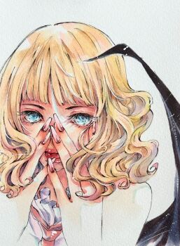 1girl black_wings blonde_hair blood blood_from_mouth blue_eyes blunt_bangs close-up commentary drill_hair eyelashes fingernails highres long_fingernails medium_hair momopine_op necktie one_piece pink_necktie solo stussy_(one_piece) wings