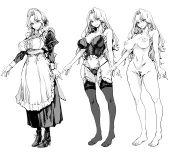 1girl apron boots breasts commentary_request completely_nude corset dress endou_okito female_pubic_hair garter_straps greyscale grin high_heels highres large_breasts long_hair maid_apron maid_headdress monochrome navel nipples nude panties pubic_hair puffy_sleeves reference_sheet simple_background smile thighhighs underwear white_background
