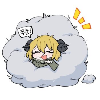 1girl blonde_hair blush breath commentary_request don_quixote_(project_moon) heishou_pack-wei_branch_(identity)_(project_moon) horns korean_commentary korean_text limbus_company project_moon scarf sheep_horns short_hair simple_background snot_trail solo speech_bubble teeny_(nonzone) white_background wool