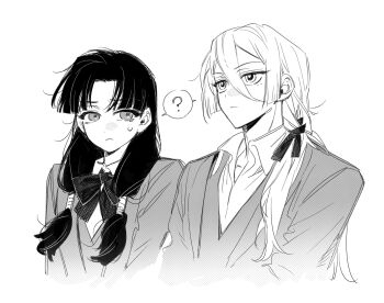 1boy 1girl ? absurdres blazer blunt_bangs bow bowtie chinese_commentary collared_shirt commentary dress_shirt greyscale hair_between_eyes hair_over_shoulder highres hiruhiko_(kagurabachi) jacket kagurabachi long_hair looking_ahead looking_at_another looking_to_the_side low-tied_long_hair mole mole_under_eye monochrome multiple_moles parted_bangs qingyao_u3u samura_iori school_uniform shared_speech_bubble shirt simple_background speech_bubble spoken_question_mark sweat twintails