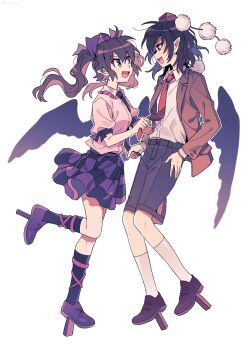 2girls bird_wings black_hair black_necktie black_shorts black_skirt black_socks black_wings brown_eyes brown_hair brown_jacket brown_shoes checkered_clothes checkered_skirt collared_shirt commentary_request feathered_wings hair_between_eyes hat highres himekaidou_hatate jacket long_hair multiple_girls necktie open_clothes open_jacket open_mouth pink_shirt pointy_ears pom_pom_(clothes) purple_hat purple_shoes purple_skirt re_ghotion red_eyes red_hat red_necktie shameimaru_aya shirt shoes short_hair short_sleeves shorts simple_background skirt smile socks tokin_hat touhou twintails white_background white_shirt white_socks wings