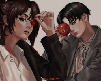 1boy 1girl absurdres apple artist_name black_eyes black_hair brown_hair closed_mouth commentary food formal_clothes fruit glasses hange_zoe highres holding holding_food holding_fruit levi_(shingeki_no_kyojin) long_sleeves looking_at_viewer apple round_eyewear shingeki_no_kyojin shirt short_hair strawberry suit white_shirt yellow_eyes zu_yuan_cesar