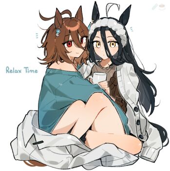 2girls agnes_tachyon_(umamusume) ahoge animal_ears bangs_pinned_back bare_shoulders black_hair brown_hair brown_sweater chemical_structure closed_mouth coat coat_on_shoulders cup dot_mouth ear_ornament ear_tag earrings emne emphasis_lines english_text green_shirt grey_shirt hair_between_eyes hairband highres holding holding_cup horse_ears horse_girl hug jewelry long_hair long_hair_between_eyes looking_at_viewer manhattan_cafe_(umamusume) multicolored_hair multiple_girls off_shoulder pen red_eyes shirt single_earring sitting smile sweater umamusume unworn_clothes very_long_hair white_coat white_hair white_hairband wrist_cuffs yellow_eyes