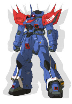 Rule 34 | absurdres, cable, commentary, efreet (mobile suit), efreet custom, english commentary, glowing, glowing eye, grid background, gundam, gundam side story: the blue destiny, highres, ke yukikaze, mecha, mobile suit, no humans, one-eyed, one-eyed mecha, original, radio antenna, red eyes, redesign, robot, shoulder spikes, spikes, unfinished, zeon