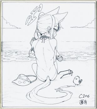 1girl absurdres animal_ears beach bird blue_archive comiket_106 commentary_request fox_ears fox_girl from_below greyscale halo highres long_hair looking_at_viewer looking_back mash_illust monochrome one-piece_swimsuit seia_(blue_archive) seia_(swimsuit)_(blue_archive) shikishi side_ponytail sideways_glance sitting solo swimsuit tail traditional_media unworn_eyewear water waves